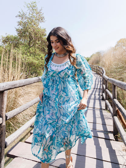 Teal Blue Organza Midi Dress