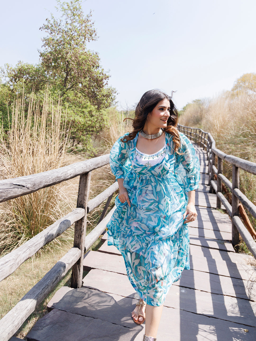 Teal Blue Organza Midi Dress