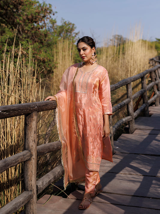 Peach Nectar Embroidered Silk Suit Set