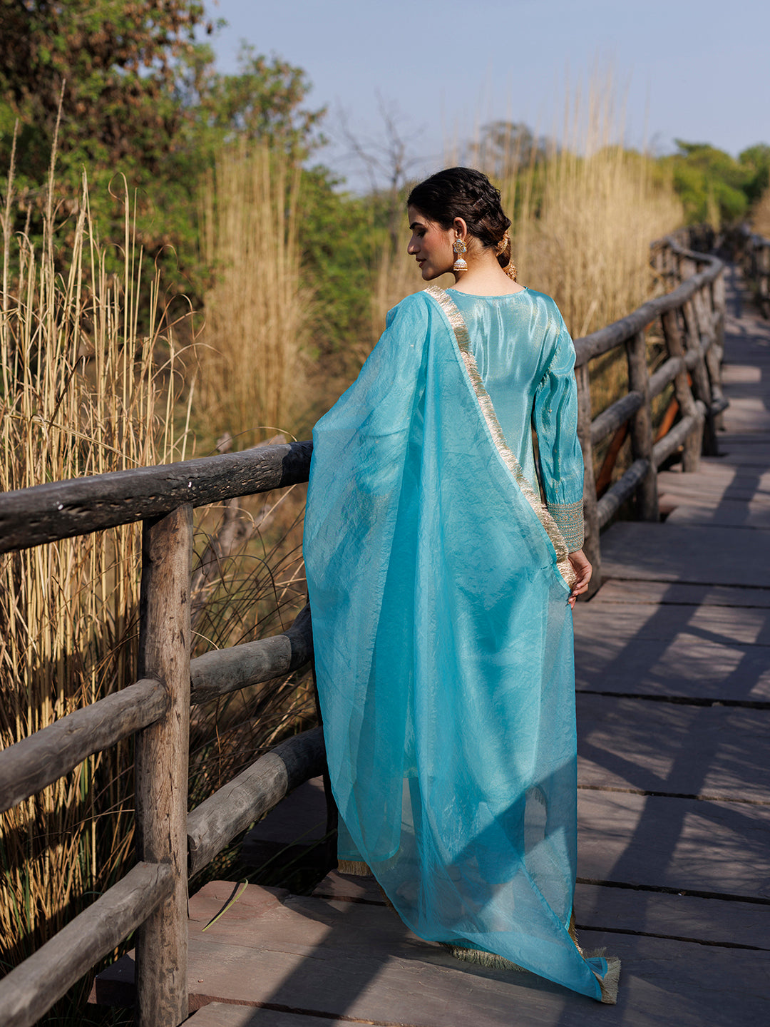 Capri Blue Embroidered Silk Suit Set
