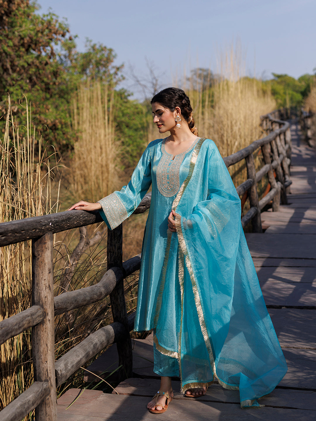 Capri Blue Embroidered Silk Suit Set