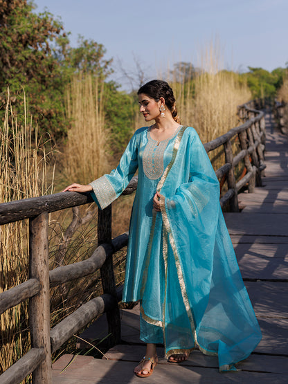 Capri Blue Embroidered Silk Suit Set