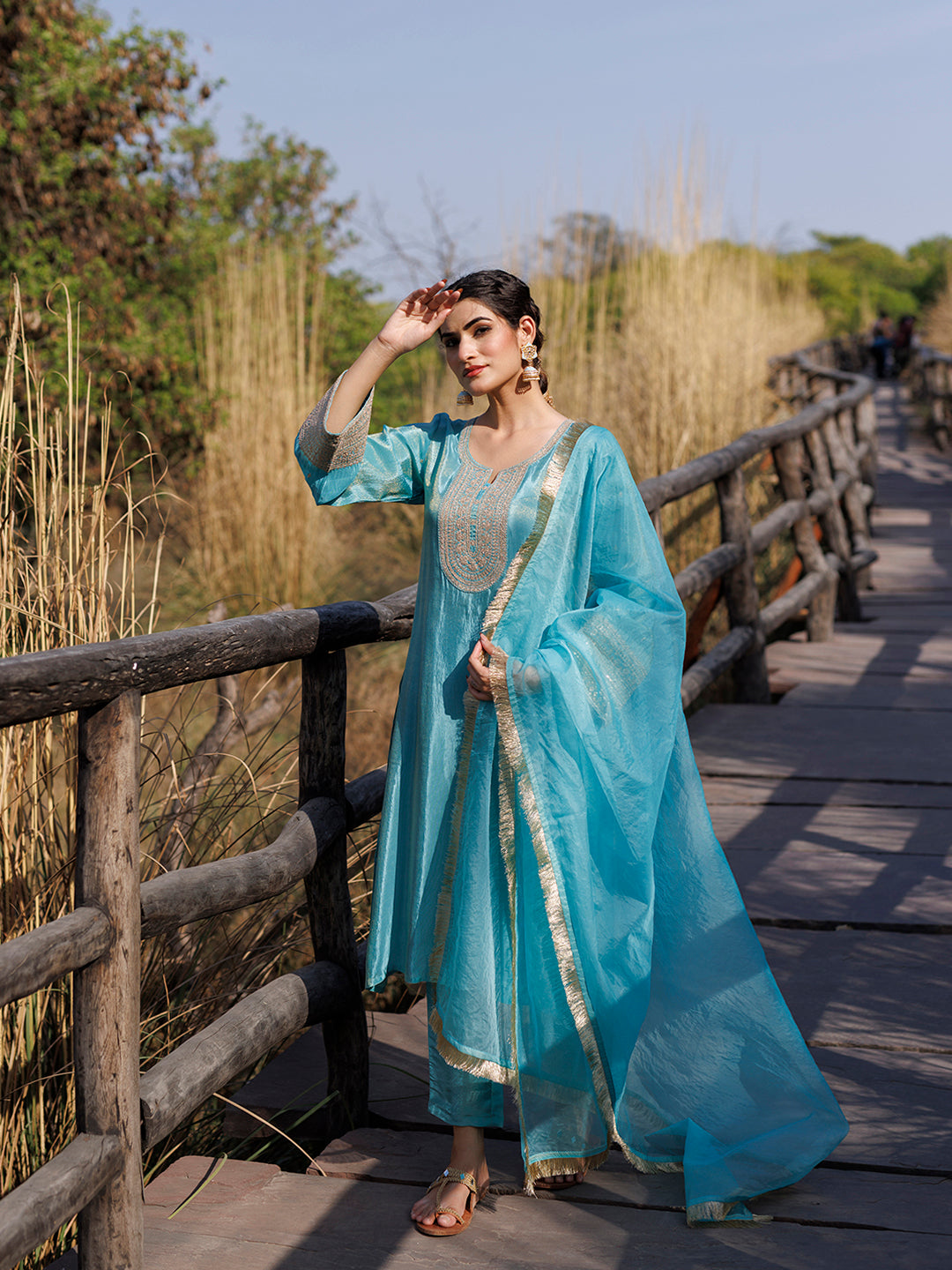 Capri Blue Embroidered Silk Suit Set