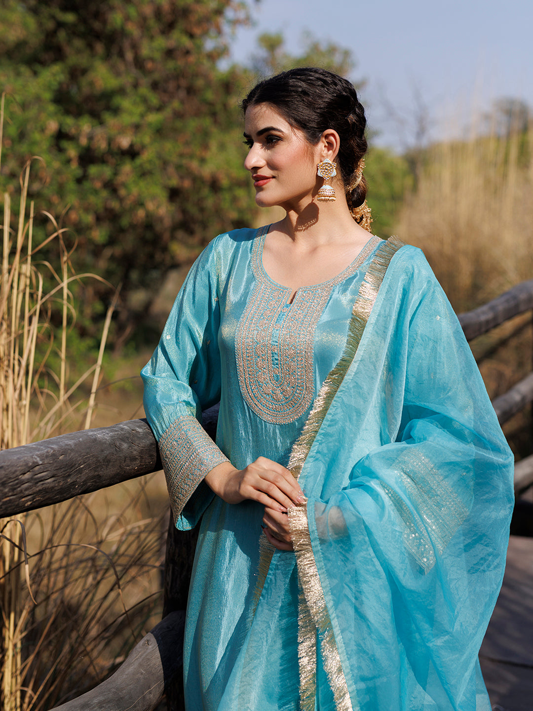 Capri Blue Embroidered Silk Suit Set