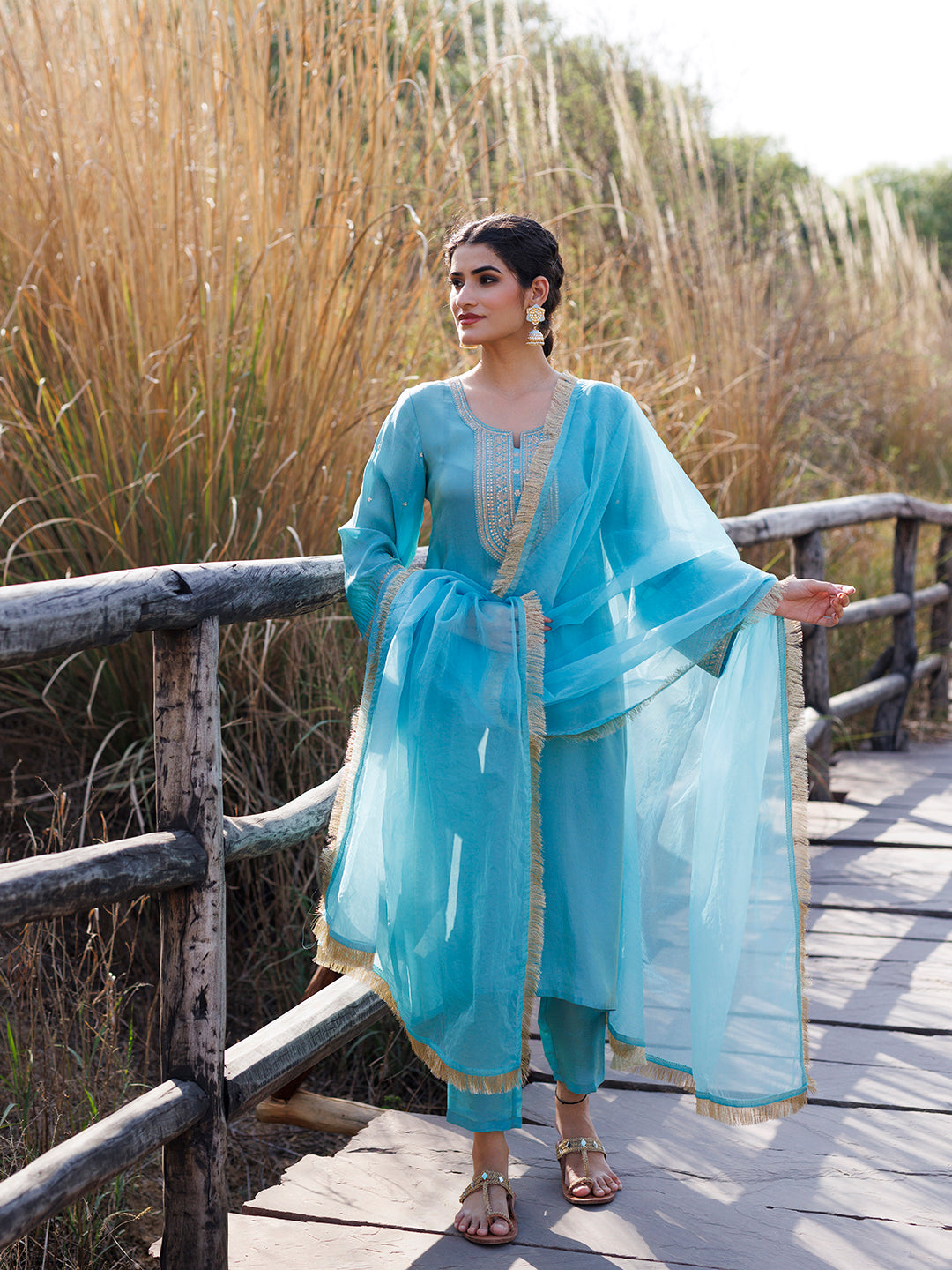 Capri Blue Embroidered Silk Suit Set