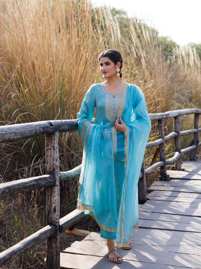 Capri Blue Embroidered Silk Suit Set