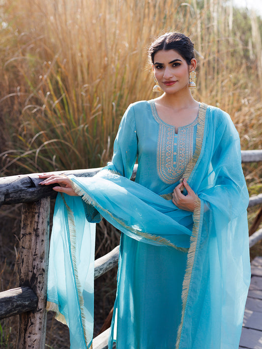 Capri Blue Embroidered Silk Suit Set