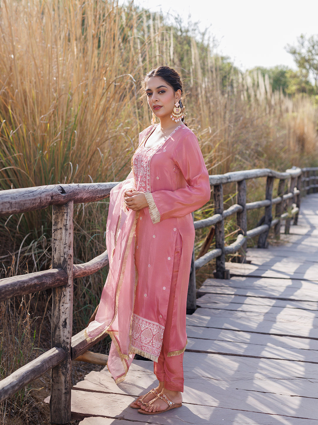 Geranium Pink Embroidered Silk Suit Set
