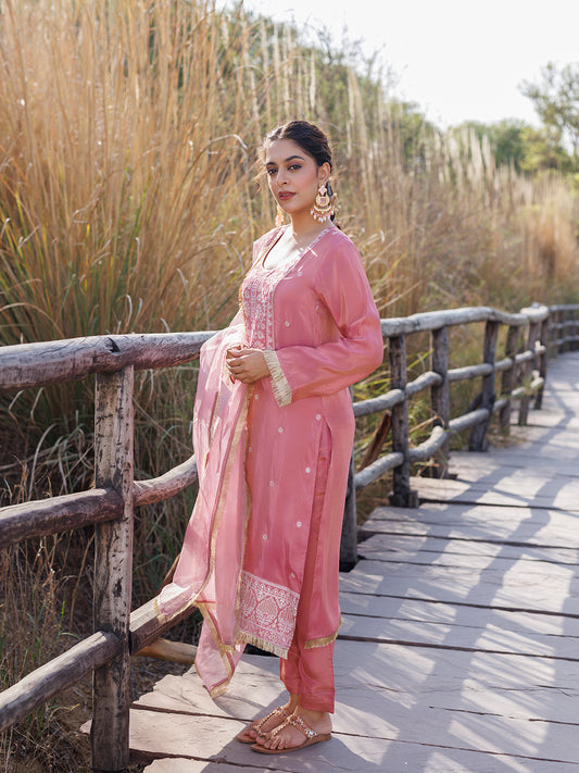 Geranium Pink Embroidered Silk Suit Set