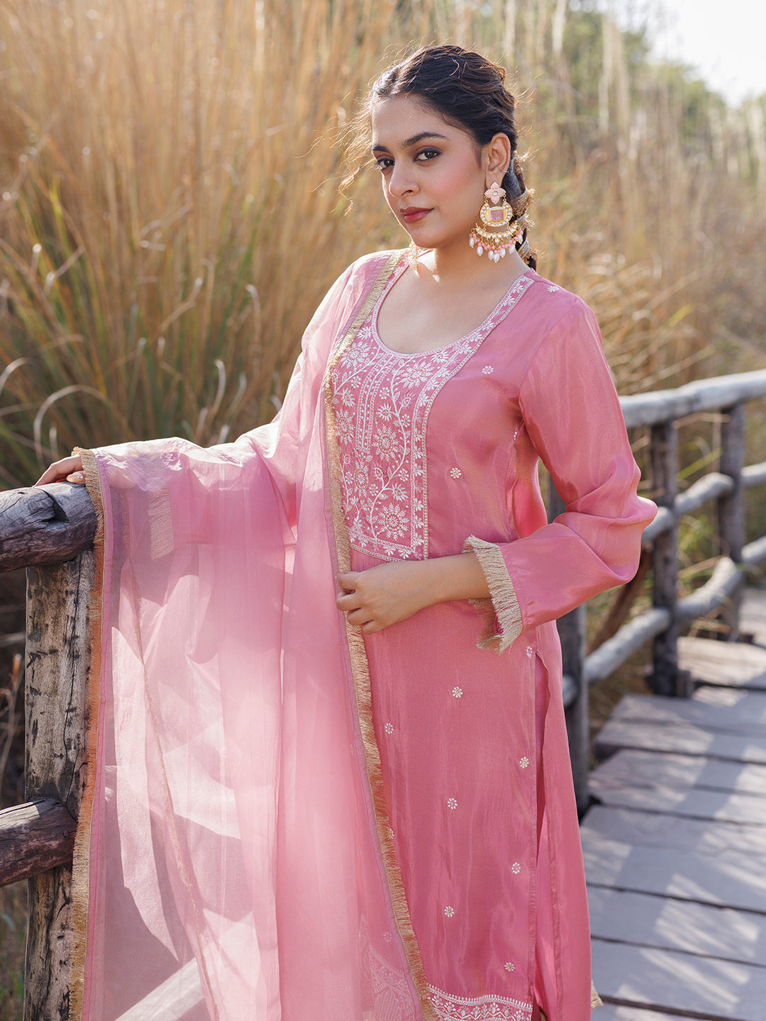 Geranium Pink Embroidered Silk Suit Set