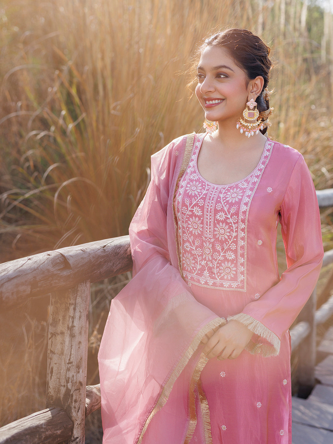 Geranium Pink Embroidered Silk Suit Set
