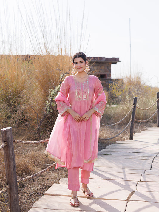 Confetti Pink Embroidered Silk Suit Set