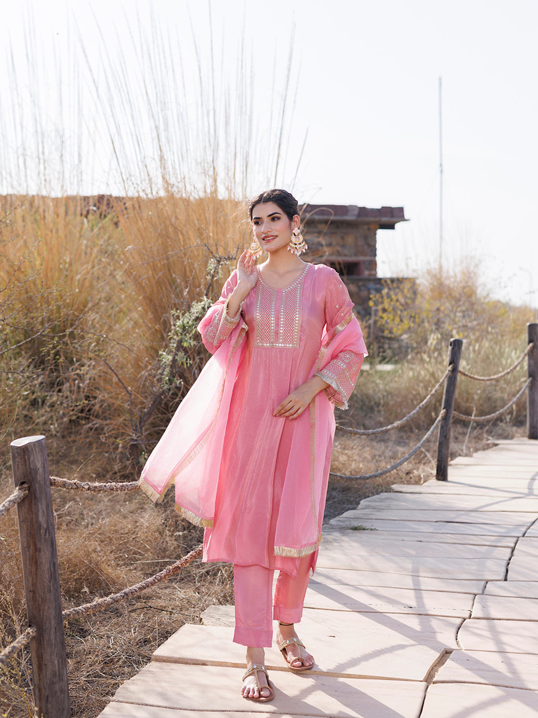 Confetti Pink Embroidered Silk Suit Set