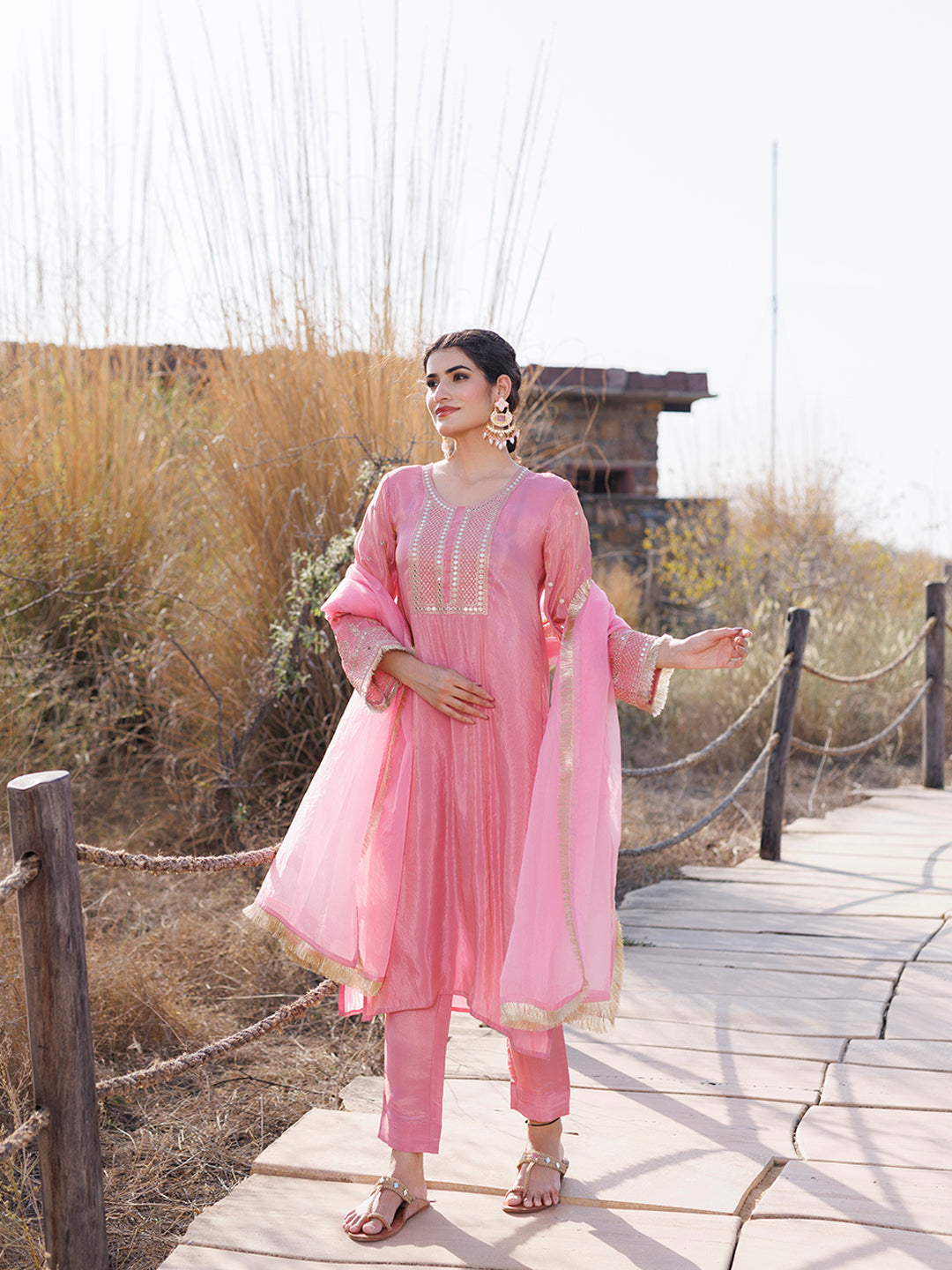Confetti Pink Embroidered Silk Suit Set