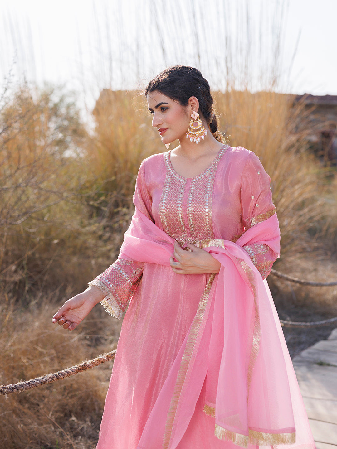 Confetti Pink Embroidered Silk Suit Set