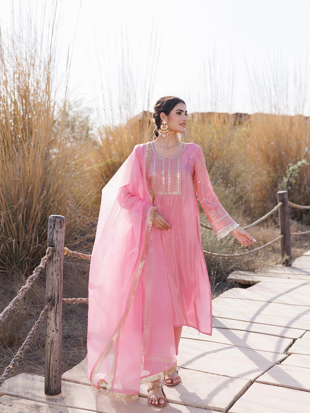 Confetti Pink Embroidered Silk Suit Set