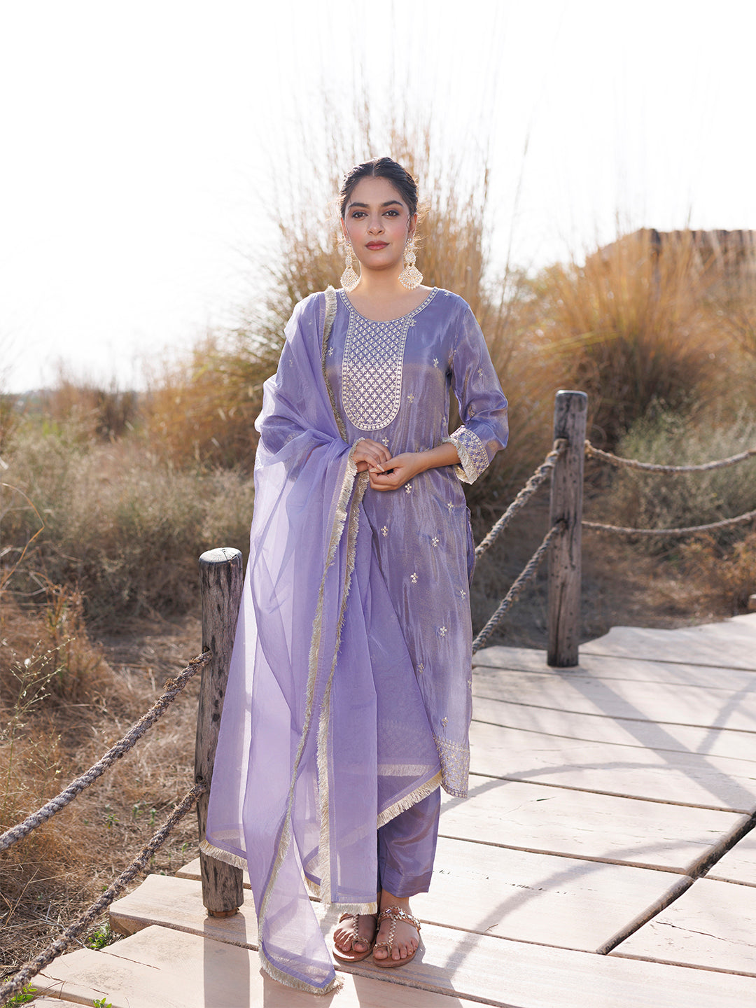 Pewter Lavender Embroidered Silk Suit Set