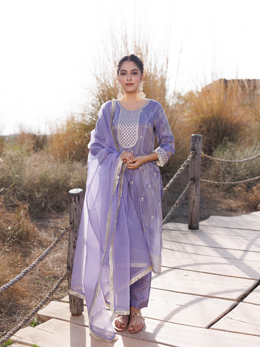 Pewter Lavender Embroidered Silk Suit Set