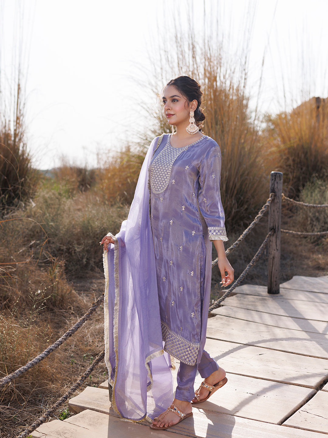 Pewter Lavender Embroidered Silk Suit Set