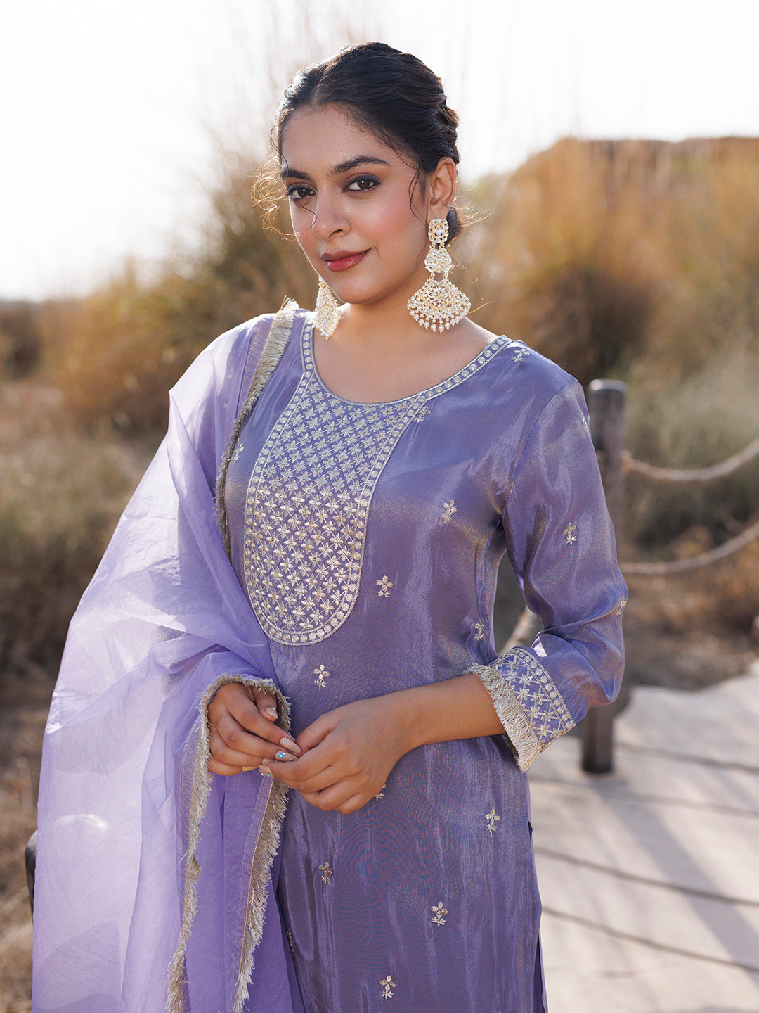 Pewter Lavender Embroidered Silk Suit Set