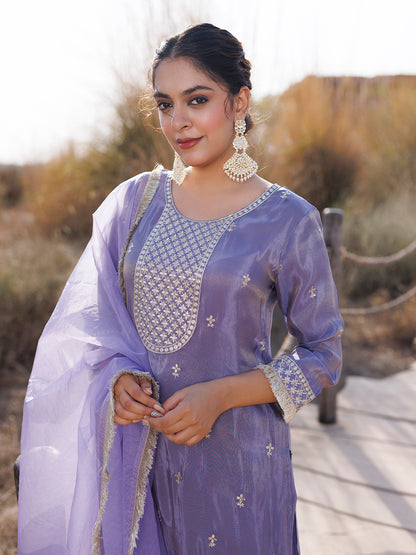 Pewter Lavender Embroidered Silk Suit Set