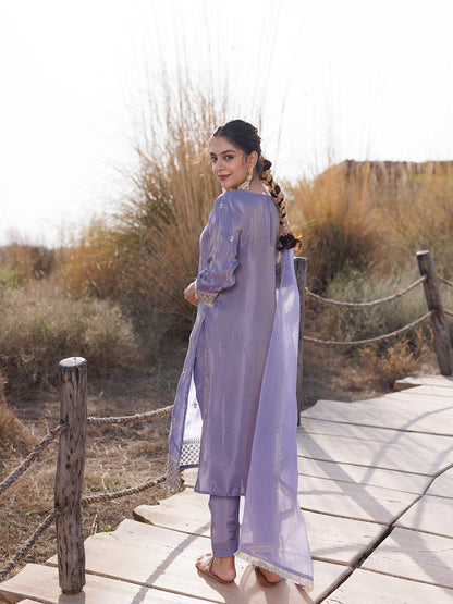 Pewter Lavender Embroidered Silk Suit Set
