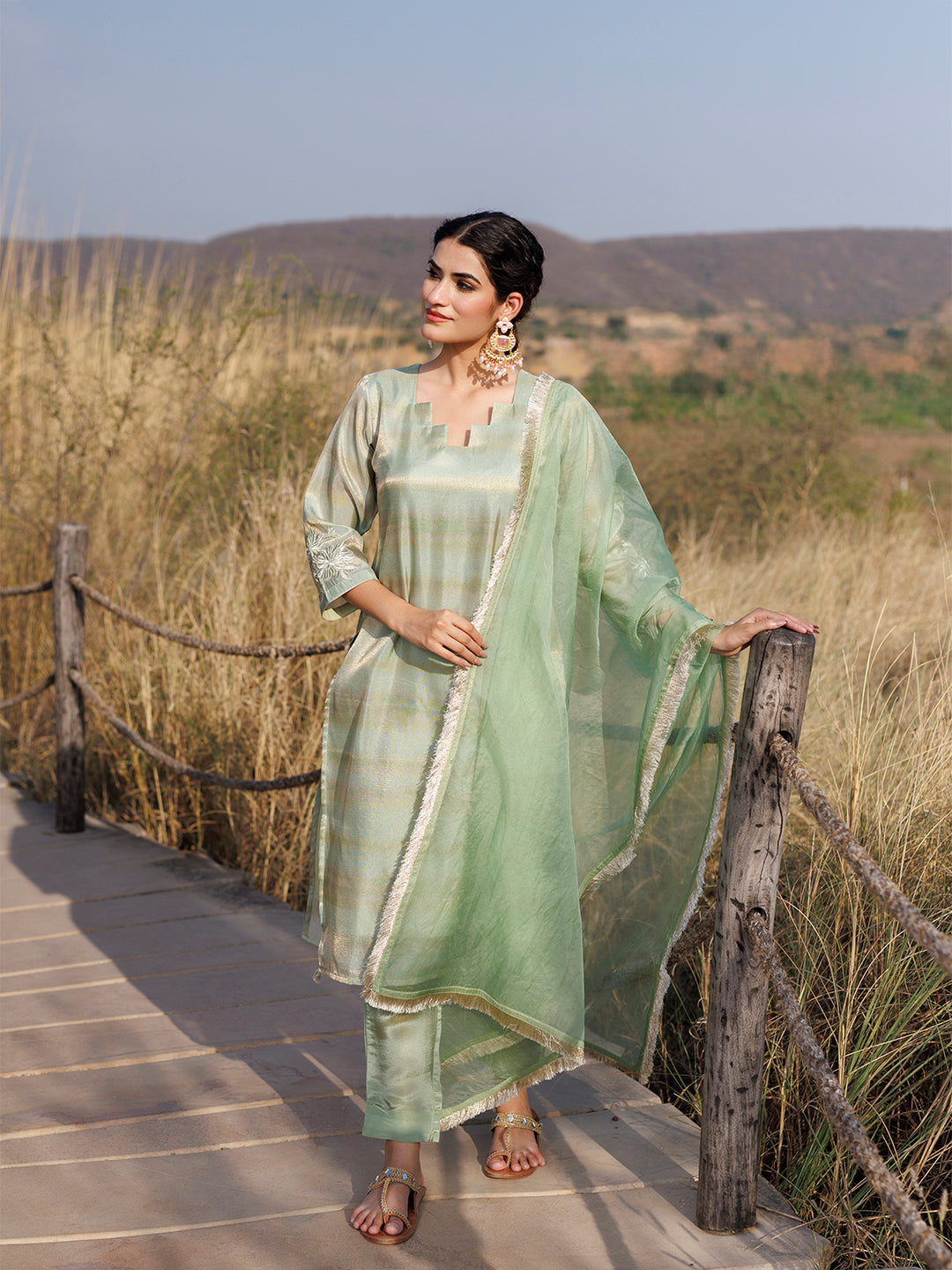 Celadon Green Tissue Shimmer Suit Set