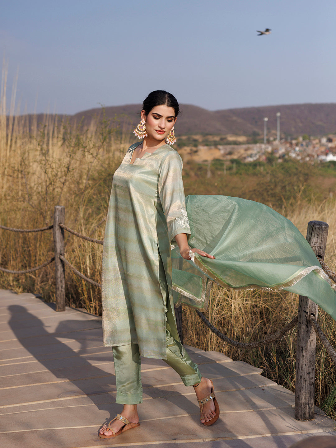 Celadon Green Tissue Shimmer Suit Set