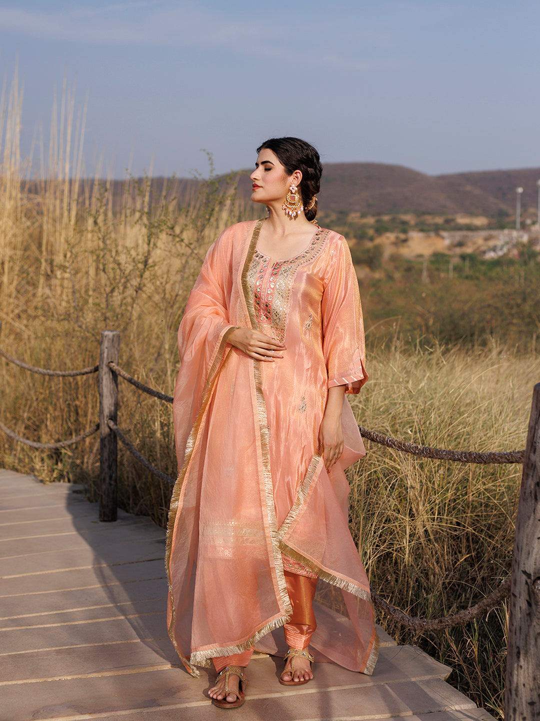 Coral Peach Tissue Shimmer Embroidered Suit Set