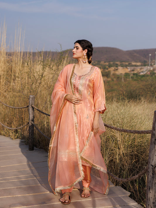 Coral Peach Tissue Shimmer Embroidered Suit Set