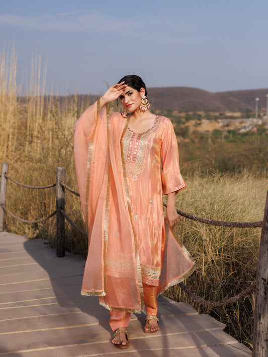 Coral Peach Tissue Shimmer Embroidered Suit Set