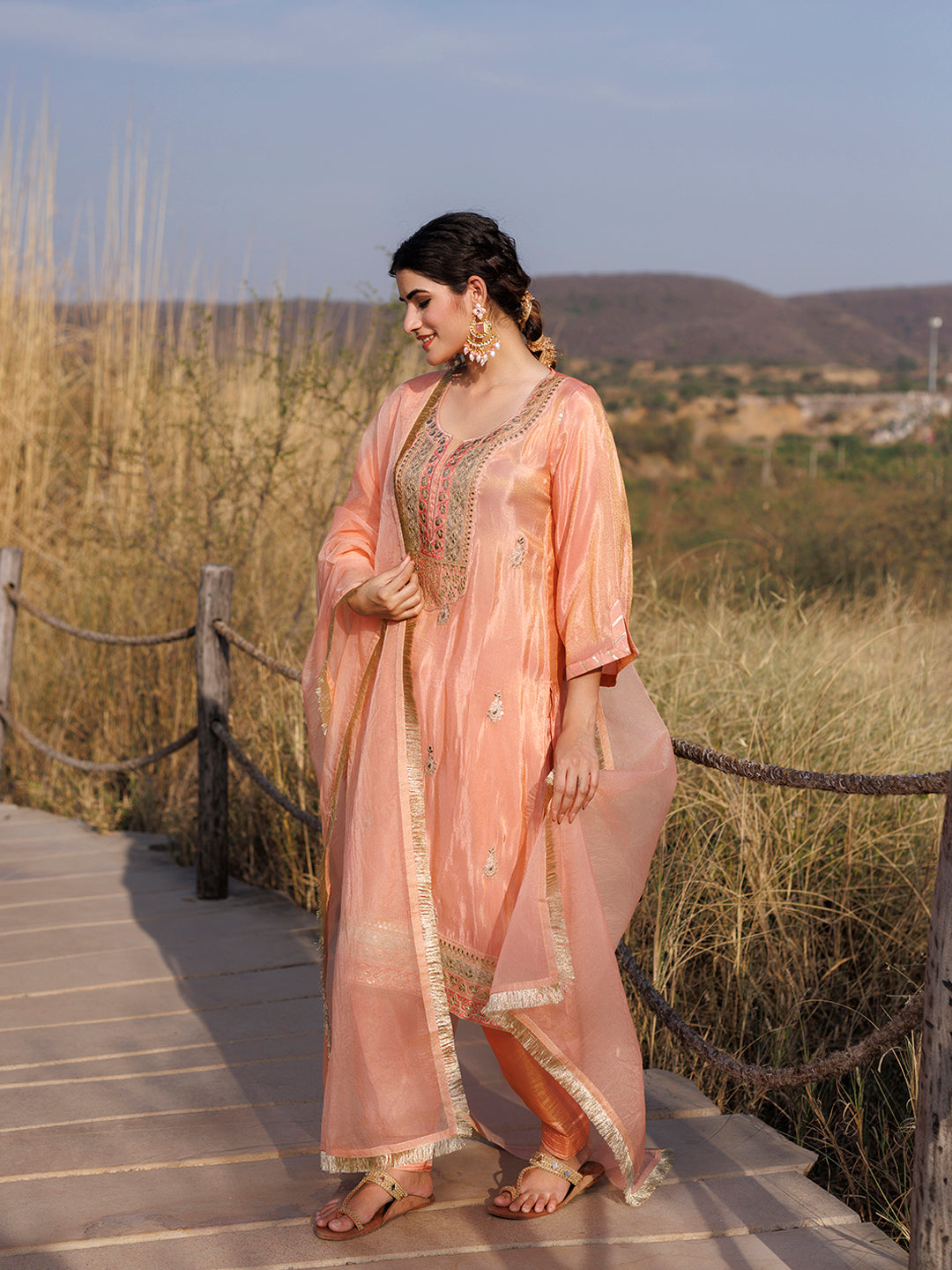 Coral Peach Tissue Shimmer Embroidered Suit Set