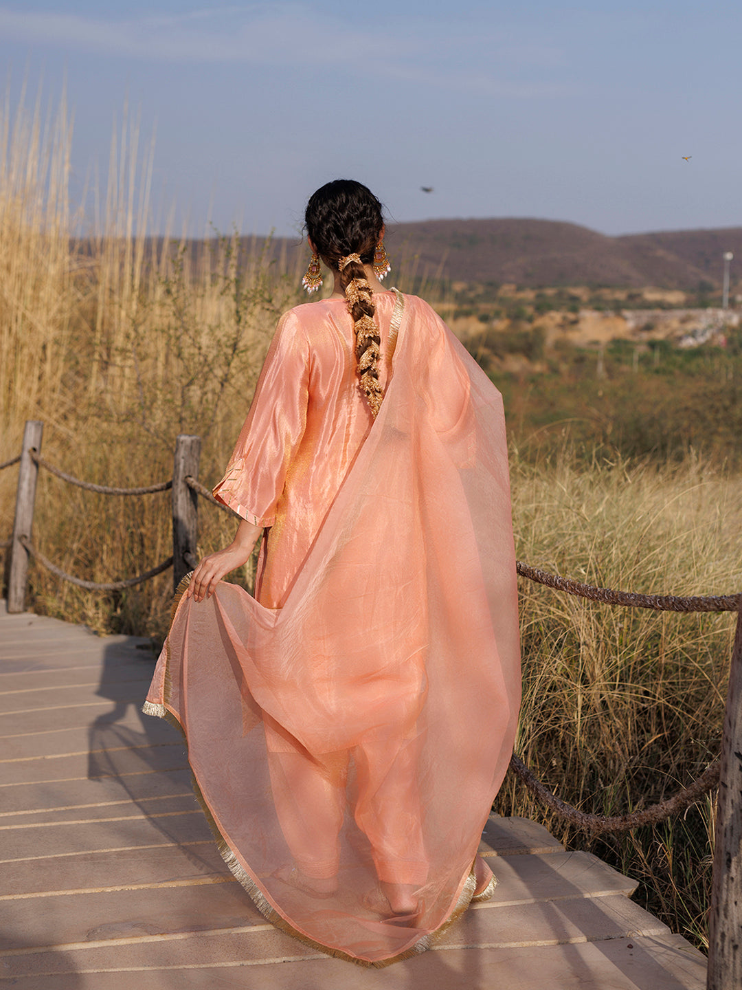 Coral Peach Tissue Shimmer Embroidered Suit Set
