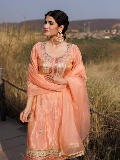 Coral Peach Tissue Shimmer Embroidered Suit Set