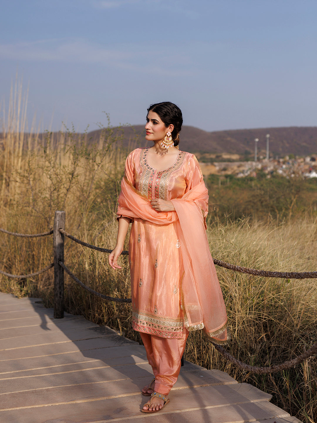 Coral Peach Tissue Shimmer Embroidered Suit Set