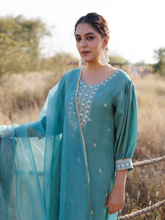 Sea Green Embroidered Silk Suit Set