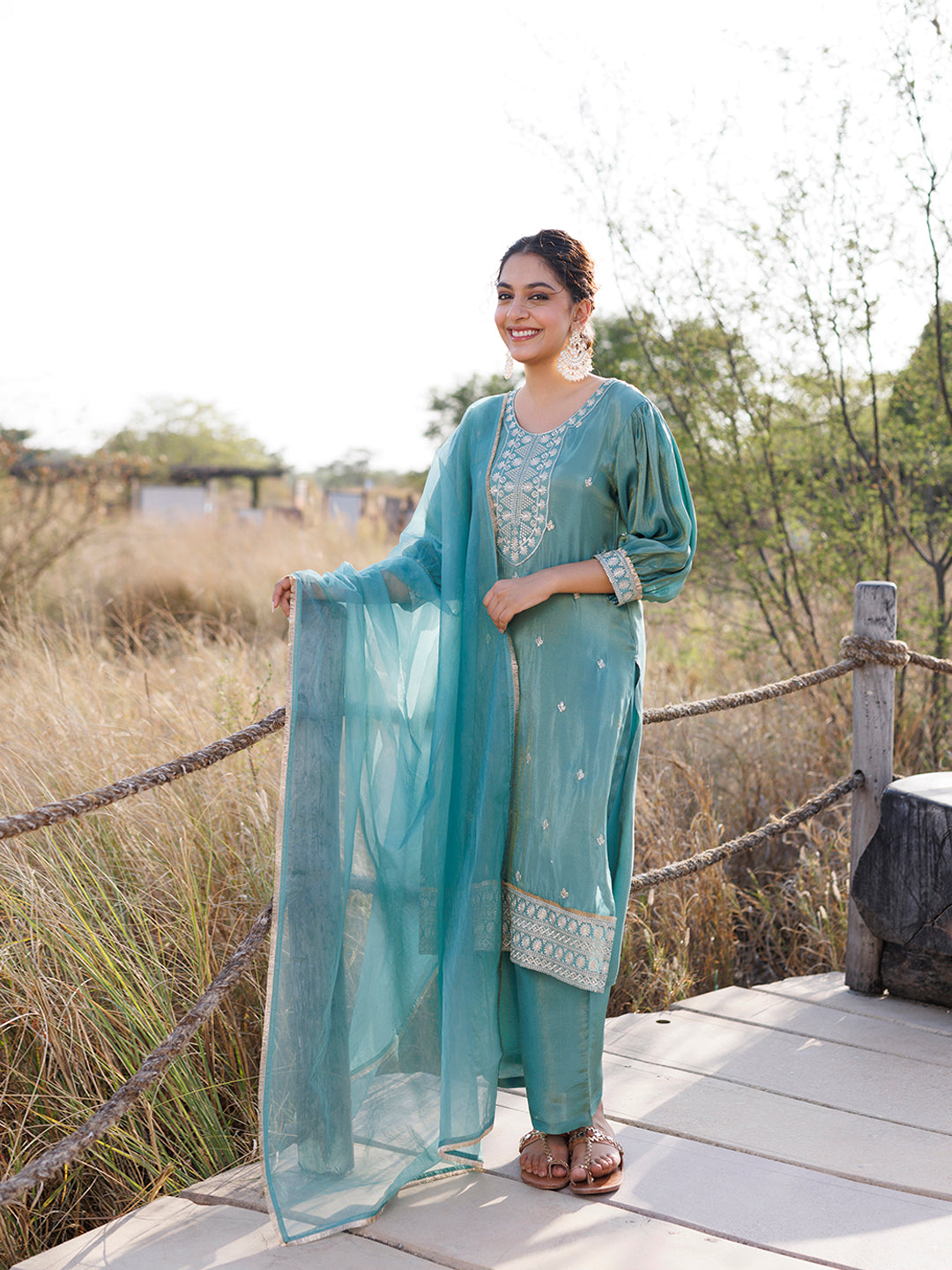 Sea Green Embroidered Silk Suit Set