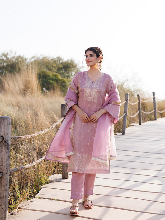 Moonlite Mauve Embroidered Silk Suit Set