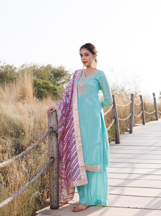 Opal Blue Tissue Shimmer Suit Set