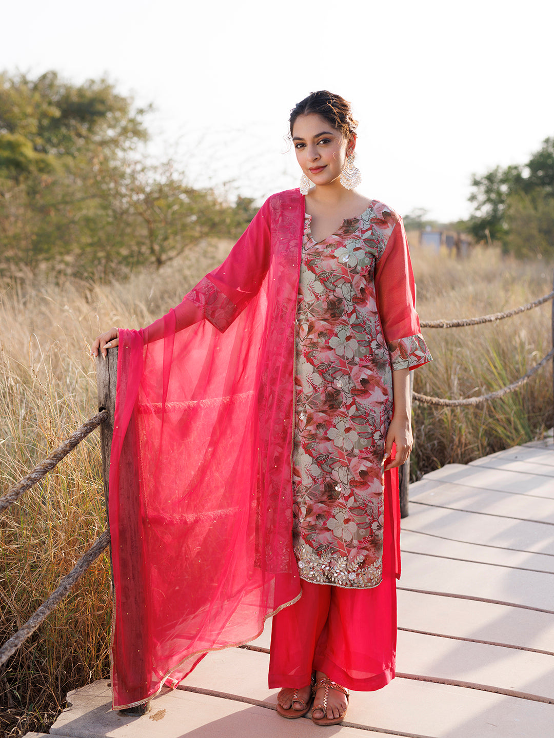Cosmos Pink Floral Chiffon Suit Set