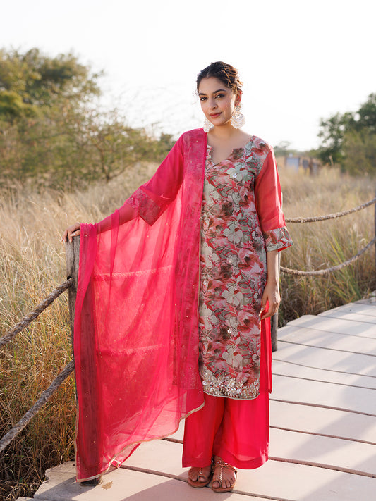 Cosmos Pink Floral Chiffon Suit Set