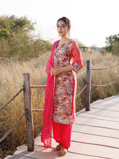 Cosmos Pink Floral Chiffon Suit Set