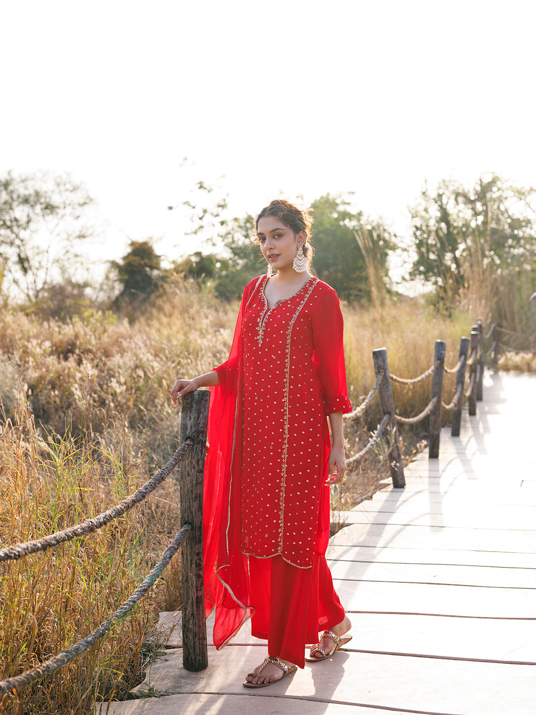 Spicy Red Jacquard Suit Set