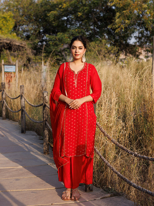 Spicy Red Jacquard Suit Set