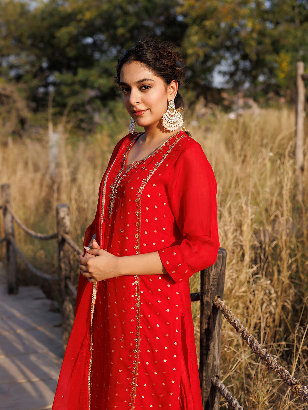 Spicy Red Jacquard Suit Set