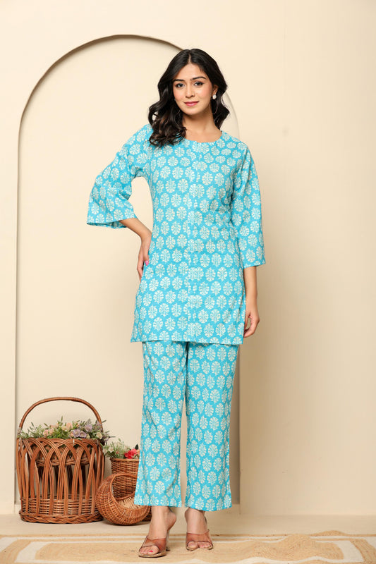 Sky Blue Printed Cotton Coord Set