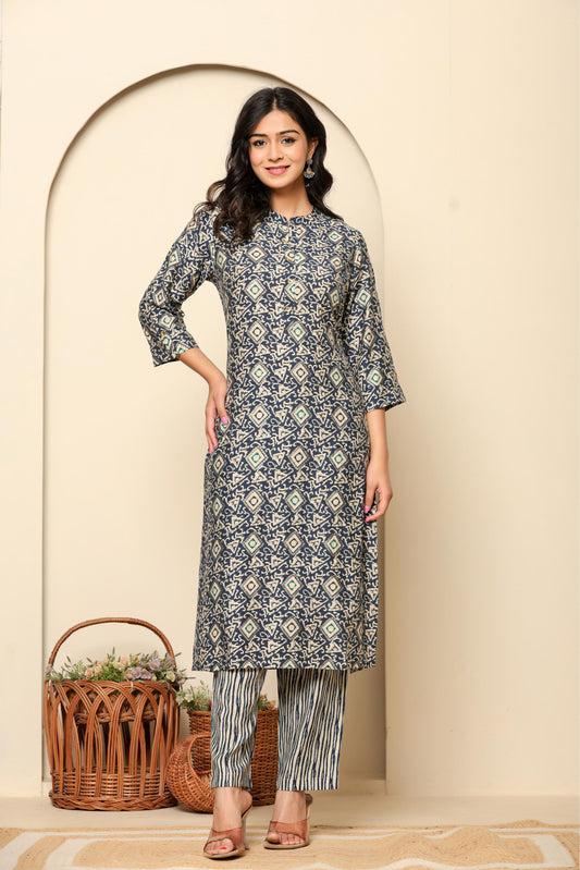Blue Printed Rayon Kurta Set