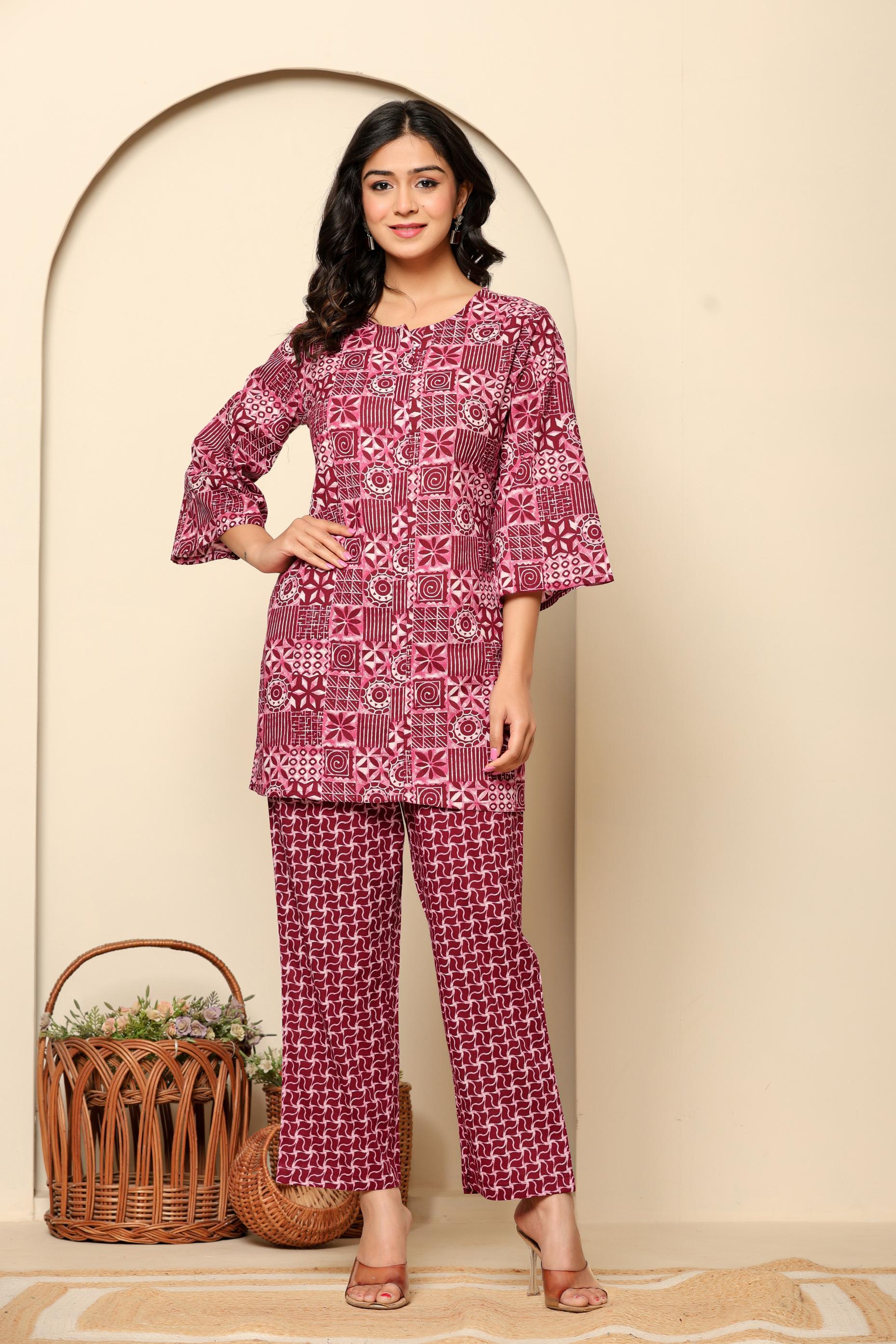 Maroon Printed Cotton Co-ord Set - Front View