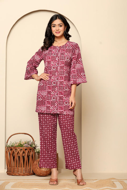 Maroon Printed Cotton Coord Set