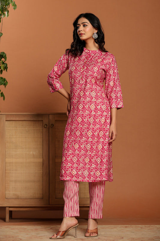 Pink Printed Rayon Kurta Set